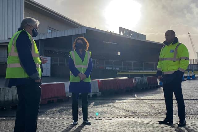 Labour's shadow chancellor Anneliese Dodds, middle, pictured at Portsmouth International Port on December 11, 2020, with Mike Sellers, port director, right, and Councillor Gerald Vernon-Jackson, leader of Portsmouth City Council, left. Photo: Tom Cotterill