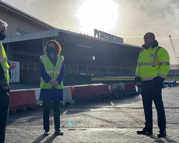 Labour's shadow chancellor Anneliese Dodds, middle, pictured at Portsmouth International Port on December 11, 2020, with Mike Sellers, port director, right, and Councillor Gerald Vernon-Jackson, leader of Portsmouth City Council, left. Photo: Tom Cotterill