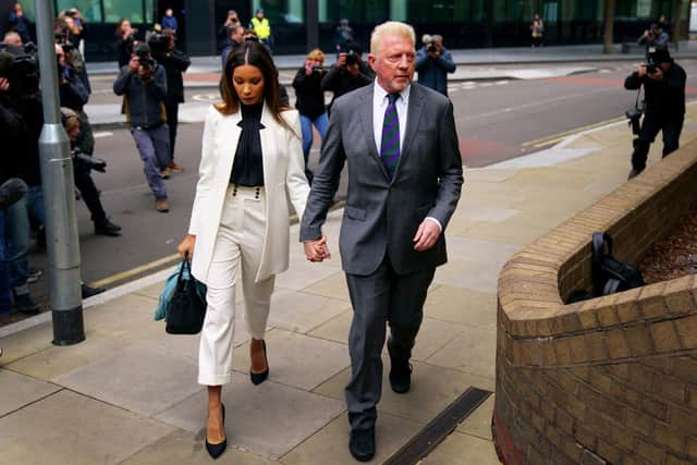 Boris Becker arrives alongside partner Lilian de Carvalho Monteiro for sentencing at Southwark Crown Court, in London. Picture: Victoria Jones/PA Wire