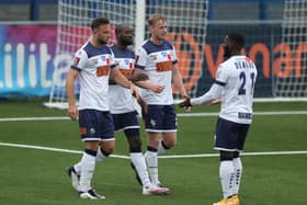 Hawks celebrate Bedsente Gomis' winner against Cray Valley Paper Mills. They have now been drawn away to minnow Marine from the Northern Premier League North West division. Photo by Dave Haines