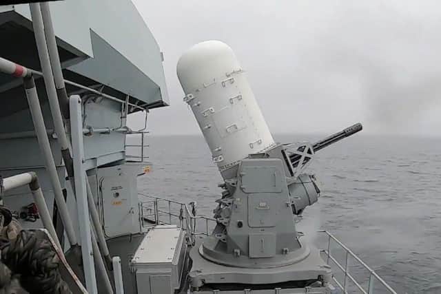 The Phalanx gun firing a salute to the Queen today. Photo: Twitter/HMS Queen Elizabeth
