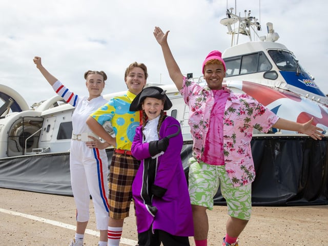 Pictured - Casper Horn, 16 (SpongeBob), Stanley Pearl (Patrick), Ella Burgos, 17 (Sandy)  and Jemima Rees, 14 (Patchy the Pirate) visit the hovercraftPhotos by Alex Shute
