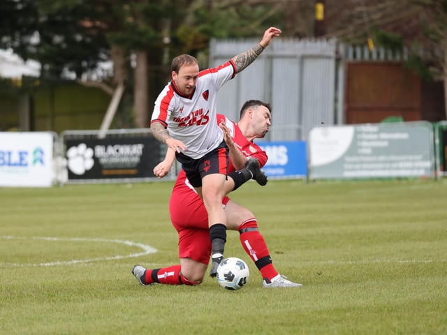 Action from the Oscar Owers Cup final between AFC Stubbington (all red kit) and Rowner Rovers. Picture: Kevin Shipp