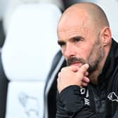 Derby County manager Paul Warne will hope to see his side overtake Posh on Tuesday. Photo by Michael Regan/Getty Images.