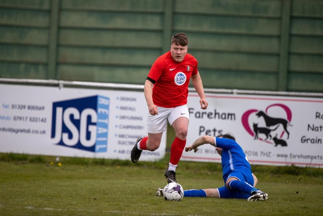 Action from Gosport Town's 4-0 victory over Lee Rangers (blue kit) in the Portsmouth & District FA Trophy final at Cams Alders. Picture: Alex Shute