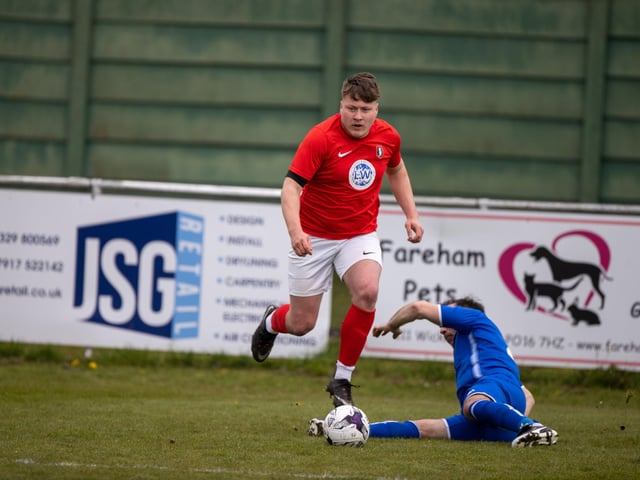 Action from Gosport Town's 4-0 victory over Lee Rangers (blue kit) in the Portsmouth & District FA Trophy final at Cams Alders. Picture: Alex Shute