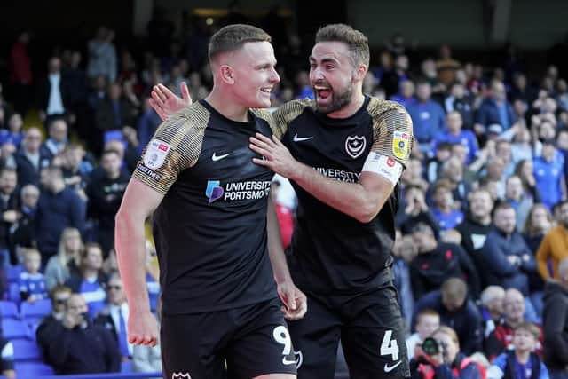 Colby Bishop, left, scored twice in Pompey's 3-2 defeat at Ipswich, but the Blues were deemed not at their fluid best going forward at Portman Road.