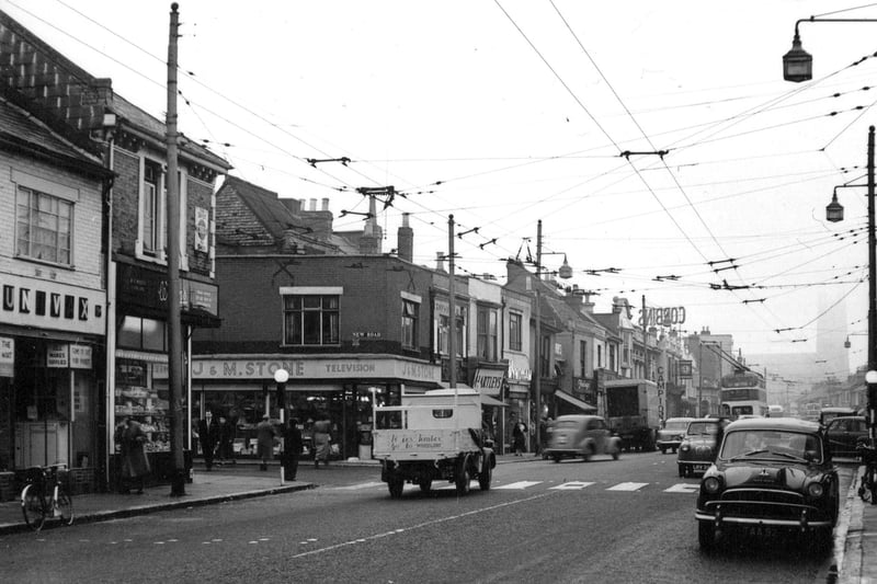 Kingston Road circa 1960. Overhead  trolleybus wires add atmosphere to long ago Portsmouth.