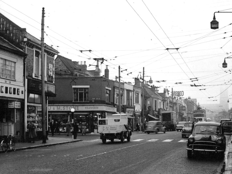 Kingston Road circa 1960. Overhead  trolleybus wires add atmosphere to long ago Portsmouth.