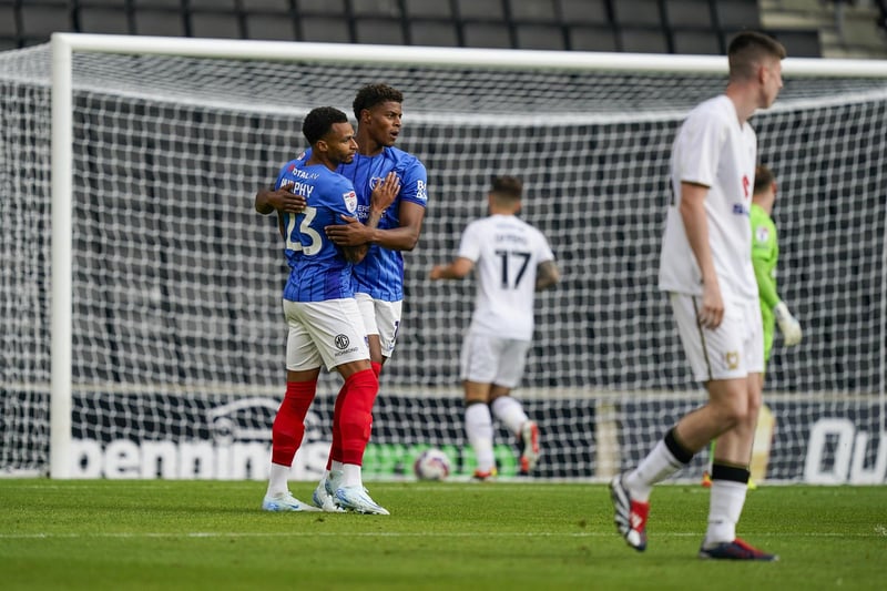 Pompey scorer Josh Murphy celebrates with Kusini Yengi after his third-minute strike. Picture: Jason Brown/ProSportsImages