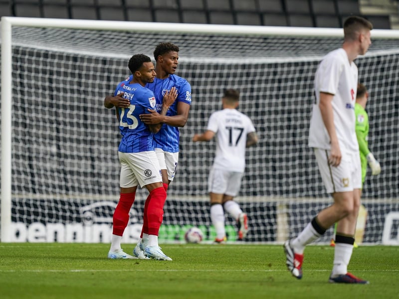 Pompey scorer Josh Murphy celebrates with Kusini Yengi after his third-minute strike. Picture: Jason Brown/ProSportsImages