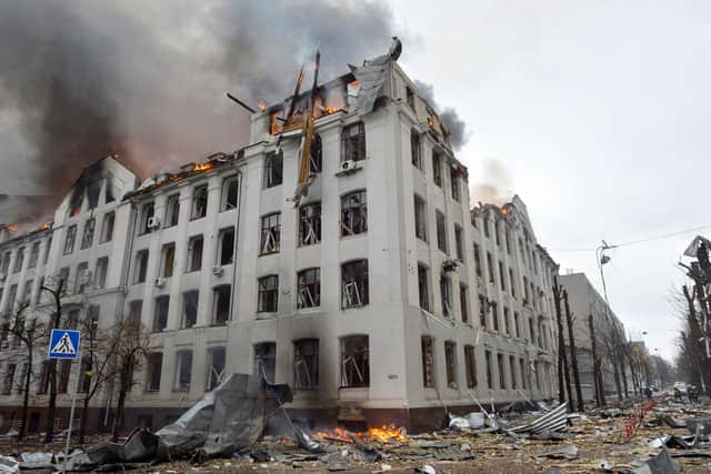 Firefighters work to contain a fire at the Economy Department building of Karazin Kharkiv National University, allegedly hit during recent shelling by Russia, on March 2, 2022. Picture: SERGEY BOBOK/AFP via Getty Images