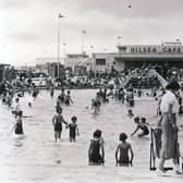 The paddling pool and cafe at Hilsea Lido, Portsmouth, possibly in the late 1940s.
