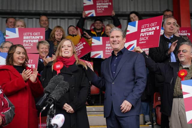 Newly elected Labour MP Sarah Edwards with party leader Sir Keir Starmer at Tamworth FC on Friday morning. Picture: Jacob King/PA Wire