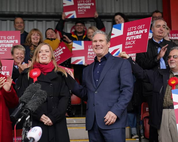 Newly elected Labour MP Sarah Edwards with party leader Sir Keir Starmer at Tamworth FC on Friday morning. Picture: Jacob King/PA Wire