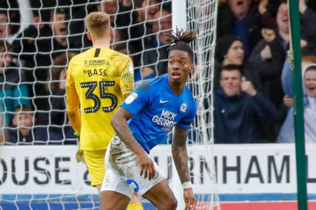 Ivan Toney celebrates scoring for Peterborough against Pompey back in March.