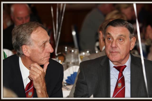 Long-time friends Ray Hiron (left) and John Milkins (right) at a Pompey Hall of Fame evening. Hiron passed away on Sunday at the age of 76