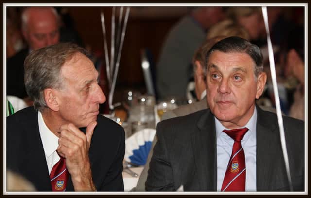 Long-time friends Ray Hiron (left) and John Milkins (right) at a Pompey Hall of Fame evening. Hiron passed away on Sunday at the age of 76