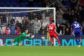 Ryan Allsop saves George Hirst's stoppage-time penalty in Blackburn's 1-0 defeat at Cardiff on Tuesday night. Picture: Ryan Hiscott/Getty Images.