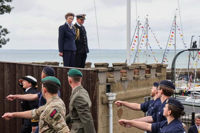 HRH Princess Anne receiving a march past by the Royal Marine Band, Sea Cadets and members of the Royal Navy and Royal Marines. Picture: LPhot Edward Jones/Royal Navy.