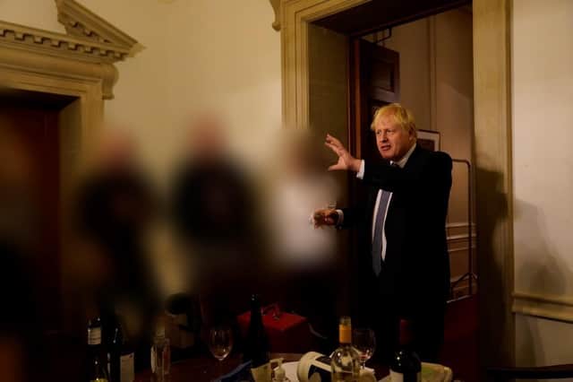 Boris Johnson at a gathering in 10 Downing Street for the departure of a special adviser, which has been released with the publication of Sue's Gray report into Downing Street parties in Whitehall during the coronavirus lockdown. Issue date: Wednesday May 25, 2022.