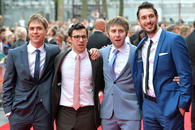 The Inbetweeners, from left, Joe Thomas, Simon Bird, James Buckley and Blake Harrison at Vue West End on August 5, 2014