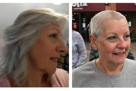 Jane Williams from Waterlooville braved the shave to raise funds for Macmillan Cancer Support. Pictured: Jane before and after