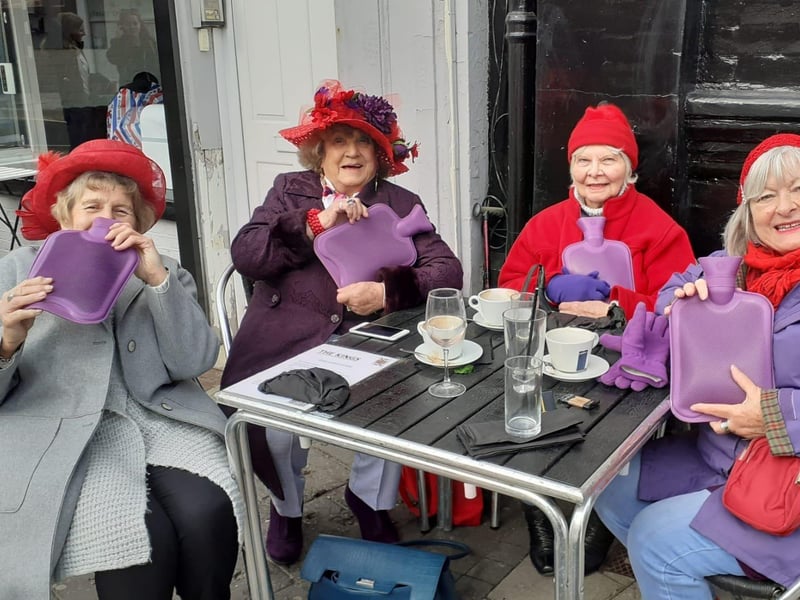Jean Strangeway,  Irene Strange,  Margaret Waitland,  Freya Perry,  and Sally Isted meeting outside the Kings Pub in Albert Road, Southsea in April 2021 after lockdown