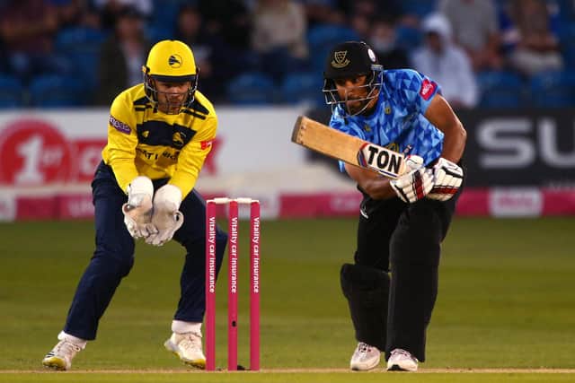 Ravi Bopara on his way to an unbeaten half century against Hampshire. Photo by Charlie Crowhurst/Getty Images.