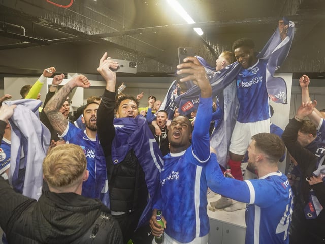 The Pompey promotion party after claiming the League One title in a 3-2 win over Barnsley at Fratton Park in April 2024. Picture: Jason Brown/ProSportsImages
