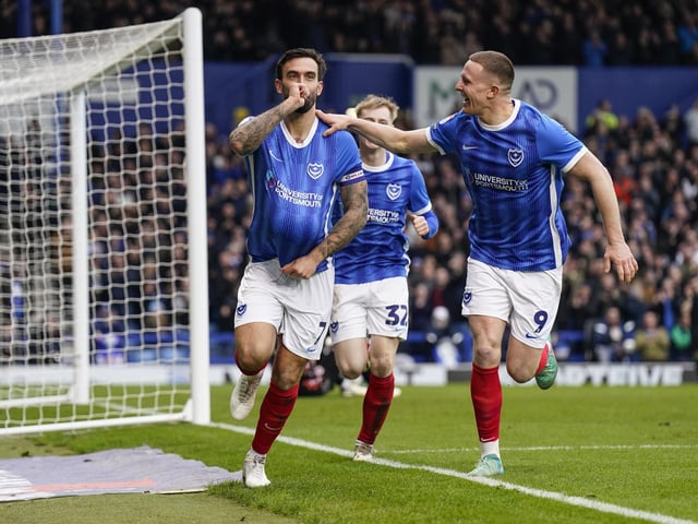 Marlon Pack celebrates his goal in front of 20,113 fans at Fratton Park