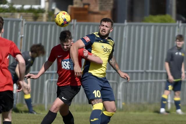 Steve Hutchings, right, was forced off with an ankle injury in Moneyfields' victory over Cowes Sports. Picture: Allan Hutchings (030421-127)