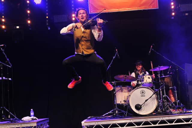 Bennet Cerven takes flight during Trouble Notes' set at Wickham Festival 2023. Picture: Paul Windsor