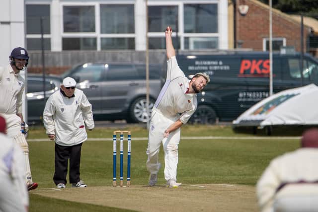 Havant's Sonny Reynolds on his way to taking 4-30 in a pre-season friendly at Portsmouth. Photo by Alex Shute