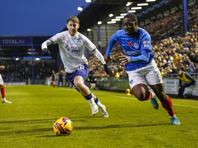 Christian Saydee tries to set up a Pompey attack after coming on as a second-half substitute.