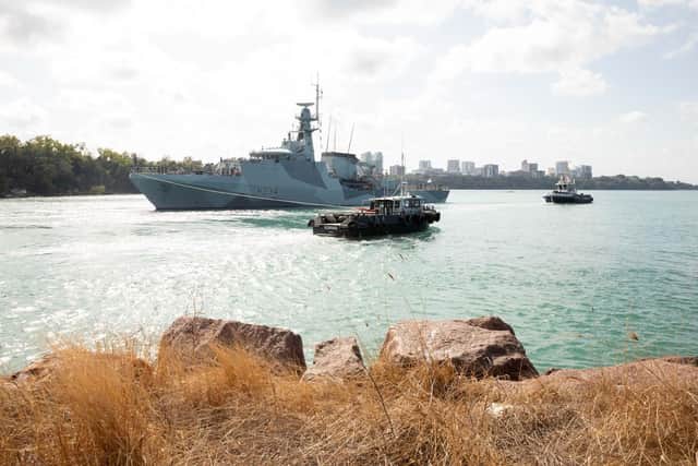 HMS Spey departs from HMAS Coonawarra, in Darwin, Australia