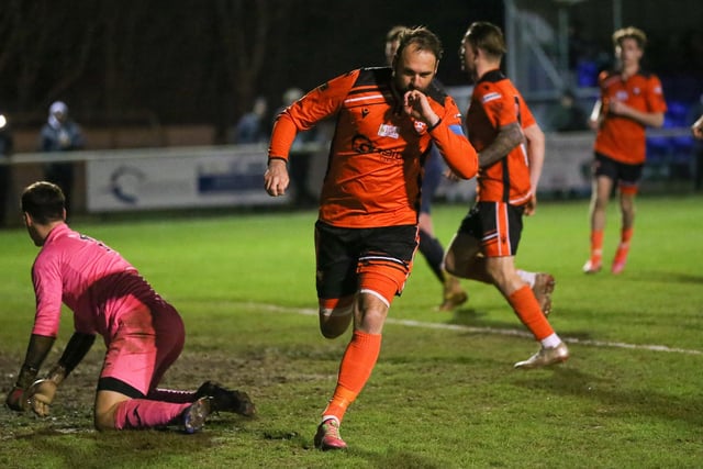 Brett Pitman has just scored one of his two goals. Picture by Nathan Lipsham