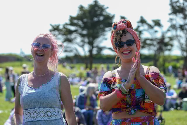 Gee Louise and Hannah Reem(right) enjoying The Mighty Allstars at Live at the Bandstand.Picture: Chris Moorhouse (250524-57)