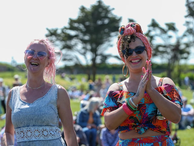 Gee Louise and Hannah Reem(right) enjoying The Mighty Allstars at Live at the Bandstand.Picture: Chris Moorhouse (250524-57)