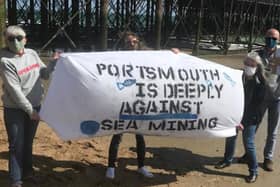 Portsmouth Greenpeace photographed their banner against ocean mining as part of a nationwide day of action. Picture: Portsmouth Greenpeace