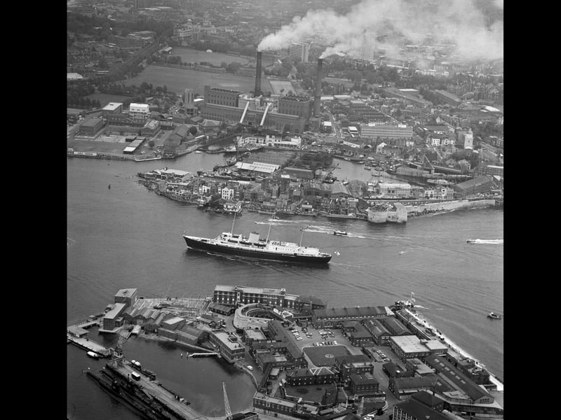 Aerial view on the HMY Britannia sailing to Portsmouth Harbour, UK, 30th May 1965. (Photo by Daily Express/Hulton Archive/Getty Images)