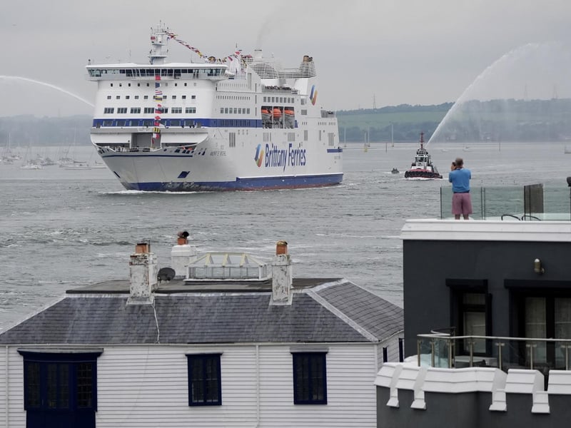 The Brittany Ferries ship Mont St Michel sets sail from Portsmouth Harbour in the UK to Ouistreham, in Caen, France. It carried 31 D-Day and Normandy veterans who are travelling with the Royal British Legion and Spirit of Normandy Trust to take part in commemorations to mark the 80th anniversary of D-Day. Photo: Andrew Matthews/PA Wire