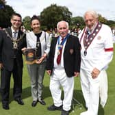 Milton Park Bowling Club centenary celebrations. From left - Rob Rowe, Lord Mayor Cllr Tom Coles, Nikki Coles, Milton Park president Mick Molloy and Allan Leppard. Picture: Sam Stephenson.