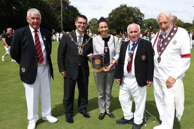 Milton Park Bowling Club centenary celebrations. From left - Rob Rowe, Lord Mayor Cllr Tom Coles, Nikki Coles, Milton Park president Mick Molloy and Allan Leppard. Picture: Sam Stephenson.