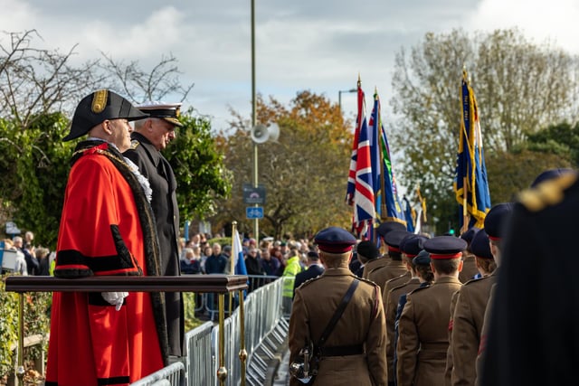 Admiral Sir Philip Jones GCB DL and the Worshipful Mayor of Gosport Councillor Martin Pepper take the salute. Picture: Mike Cooter (121123)