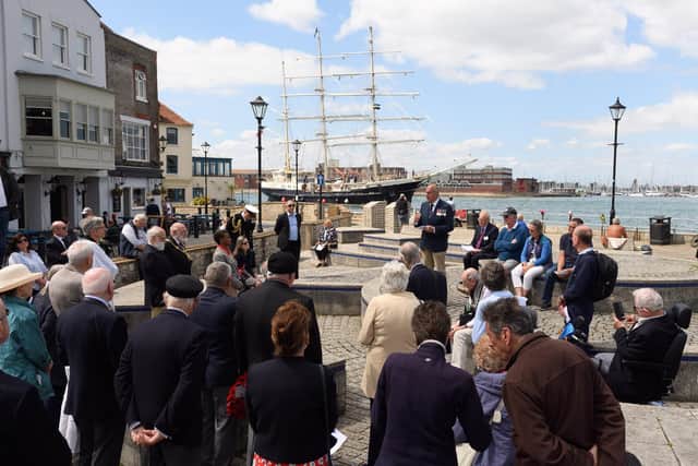 Pictured is: The Jubilee Sailing Trust ship Tenacious sails into view during the ceremony.
 
Picture: Keith Woodland (280521-19)