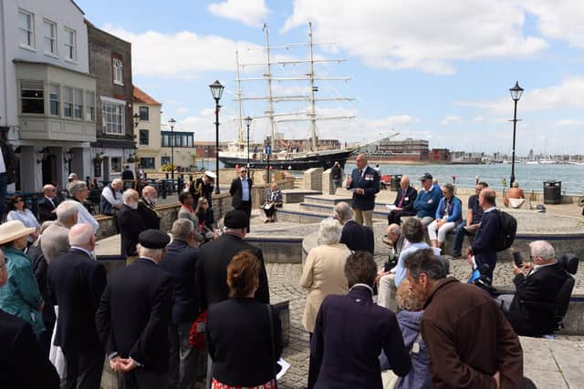 Pictured is: The Jubilee Sailing Trust ship Tenacious sails into view during the ceremony.
Picture: Keith Woodland (280521-19)