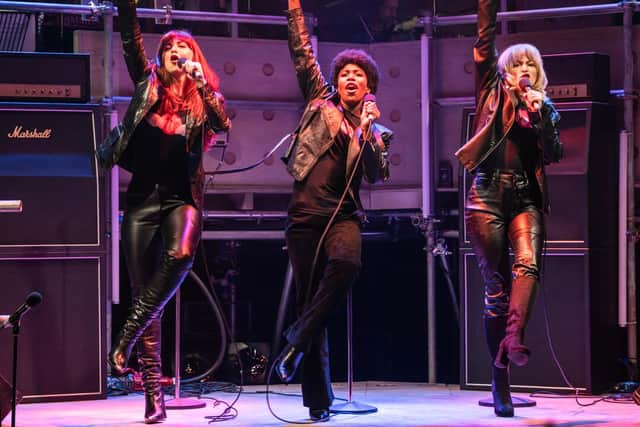 From left: Zizi Strallen, Angela Marie-Hurst and Carly Bawden in Rock Follies at Minerva Theatre, Chichester, summer 2023. Picture by Johan Persson