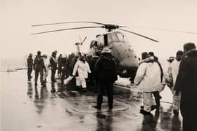 The picture shows a helicopter returning to HMS Antrim having rescued SAS Troopers trapped on a glacier. Then-Lieutenant Chris Parry was mentioned in despatches for his role in the re-taking of South Georgia 
Picture: (120547-758)