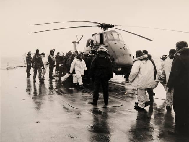 The picture shows a helicopter returning to HMS Antrim having rescued SAS Troopers trapped on a glacier. Then-Lieutenant Chris Parry was mentioned in despatches for his role in the re-taking of South Georgia 
Picture: (120547-758)